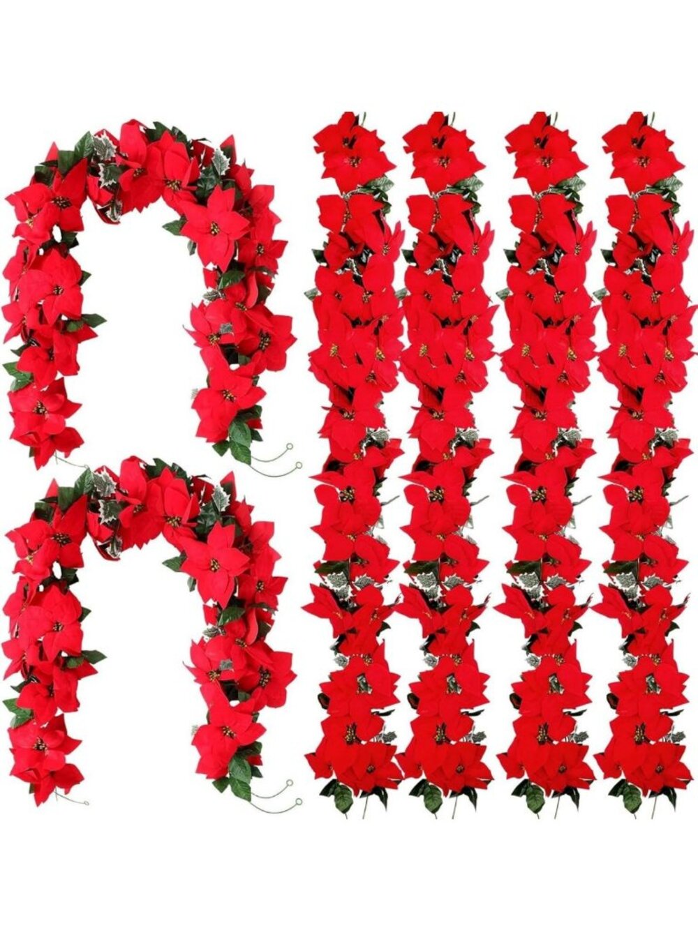 Vibrant Red Poinsettia Garland - 20 Pcs Christmas Decor Centerpiece for Holiday